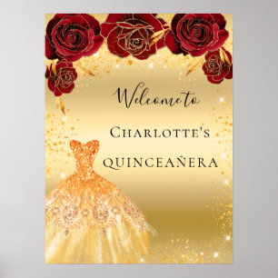 Quinceanera red gold glitter dress floral welcome poster