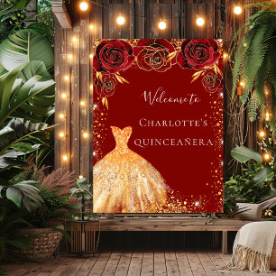 Quinceanera red gold glitter dress floral welcome poster
