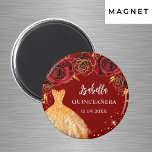 Quinceanera red gold glitter dress name magnet<br><div class="desc">For a Quinceañera,  15th birthday party.  A red background with faux gold glitter,  a dress and red roses,  florals.  The name is written with a modern hand lettered style script.  Personalise and add a name and date.</div>