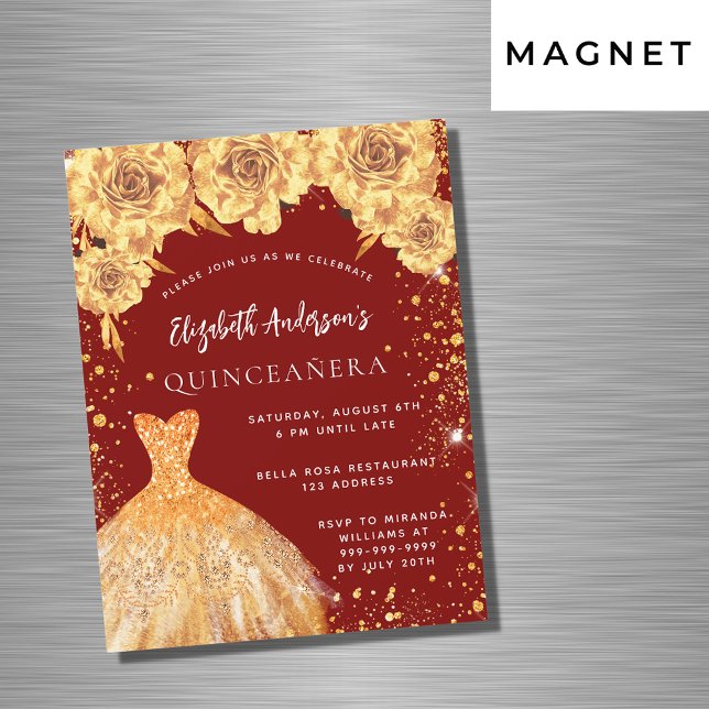 Quinceanera red gold glitter dress roses luxury magnetic invitation (Creator Uploaded)