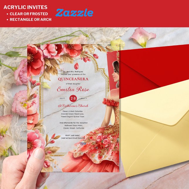 Quinceañera Red Gold Mis Quince Dress Flowers Acrylic Invitations (Creator Uploaded)