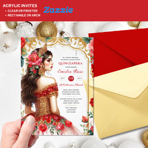Quinceañera Red Gold Mis Quince Dress Flowers Acrylic Invitations