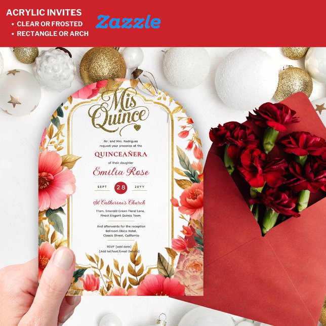 Quinceañera Red Gold Mis Quince Roses Flowers Acrylic Invitations (Creator Uploaded)