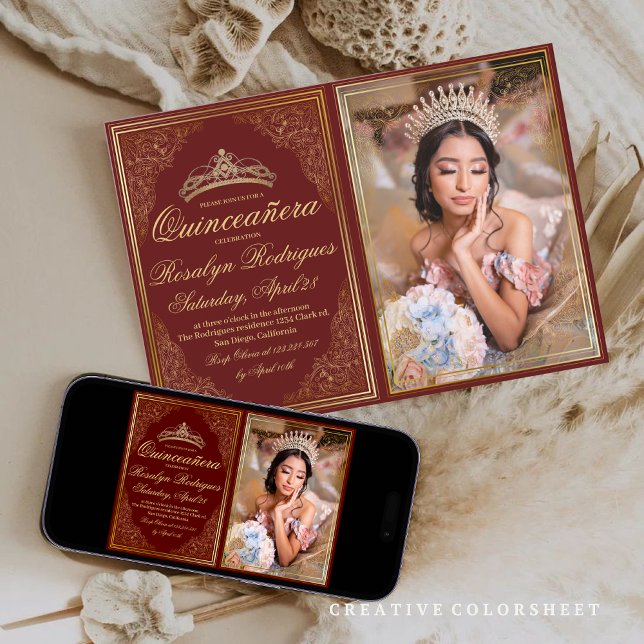 Quinceanera Red gold Ornate Princess Tiara Invitation (Creator Uploaded)