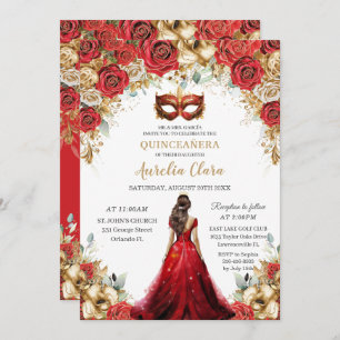Quinceañera Red Gold Roses Floral Masquerade Ball Invitation