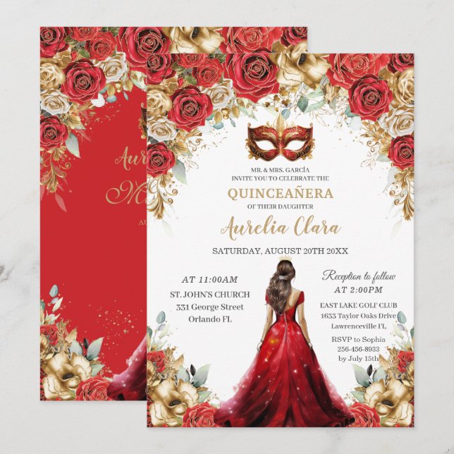 Quinceañera Red Gold Roses Floral Masquerade Ball Invitation (Front/Back)
