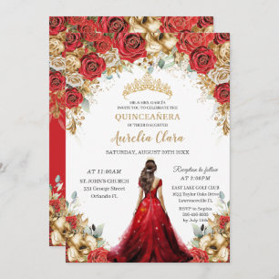 Quinceañera Red Gold Roses Floral Princess Dress Invitation