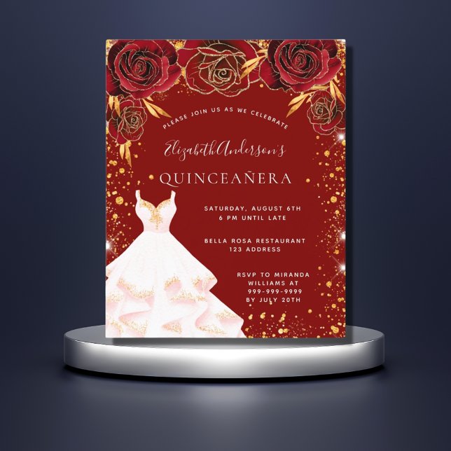 Quinceanera red gold white dress budget invitation flyer (Creator Uploaded)