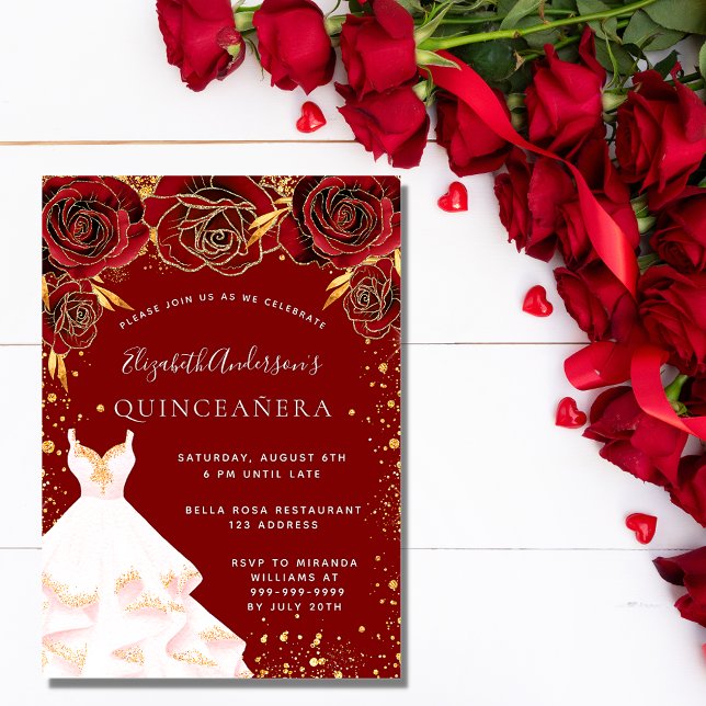 Quinceanera red gold white dress glitter luxury invitation (Creator Uploaded)
