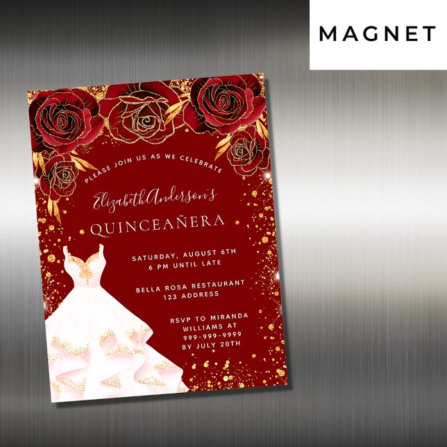 Quinceanera red gold white dress luxury magnetic invitation (Creator Uploaded)