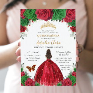 Quinceañera Red Green Roses Floral Princess Gold Invitation