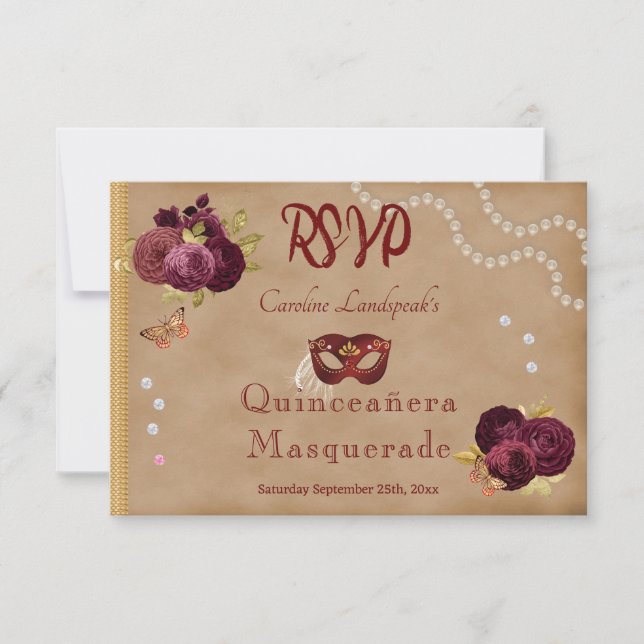 Quinceañera Red Masquerade Burgundy English Roses RSVP Card (Front)