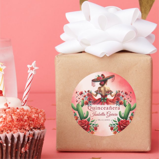 Quinceañera Red Mexican Style Classic Round Sticker (Party)