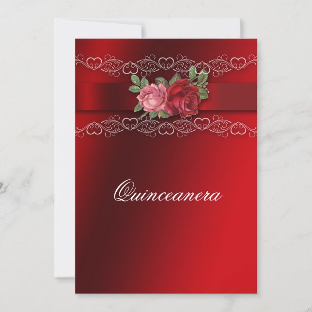 Quinceanera Red Pink Roses Red Satin Invitation (Front)