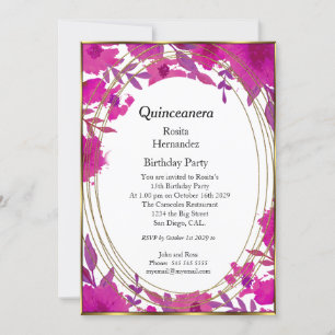 Quinceanera Red Purlple flowers Birthday Party Invitation