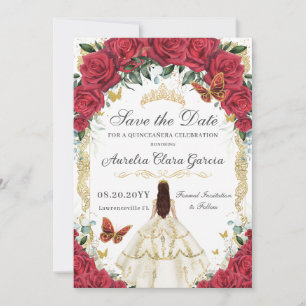Quinceañera Red Rose Floral White Ivory Dress Gold Save The Date