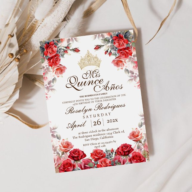 Quinceanera - Red Rose Gold Tiara Invitation (Creator Uploaded)