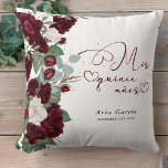 Quinceanera Red Rose Personalised Mis Quince Anos Cushion<br><div class="desc">Quinceañera pillow is a beautiful keepsake gift to celebrate the 15th Birthday of a special young woman. This elegant Quinceanera pillow has burgundy red and creamy white toned vintage rose flowers on a white background with a splash of gold confetti dots. Mis Quince Anos is lettered in calligraphy with love...</div>
