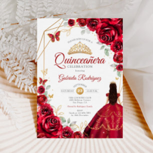 Quinceanera Red Roses Dress Gold Invitation