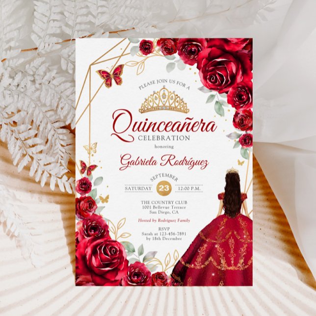 Quinceanera Red Roses Dress Gold Invitation (Creator Uploaded)
