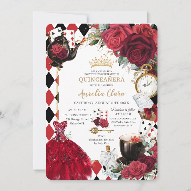 Quinceañera Red Roses Floral Alice in Wonderland Invitation (Front)