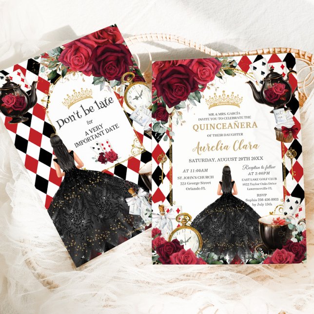 Quinceanera Red Roses Floral Alice in Wonderland Invitation (red burgundy roses alice in wonderland black dress brunette girl tea party quinceanera invitation )