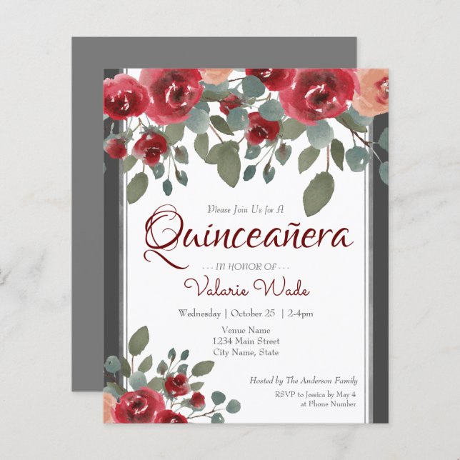 Quinceanera Red Roses Floral Budget Invitation (Front/Back)