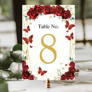 Quinceañera Red Roses Floral Butterflies Table Number