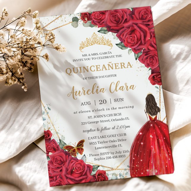 Quinceañera Red Roses Floral Gold Princess Crown Invitation (Creator Uploaded)