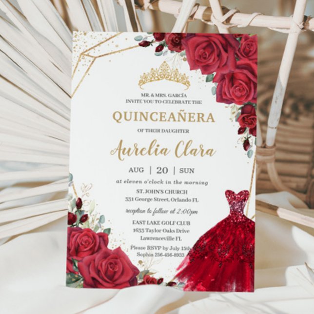 Quinceañera Red Roses Floral Gold Princess Dress Invitation (Creator Uploaded)