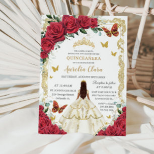 Quinceañera Red Roses Floral Ivory Dress Princess  Invitation