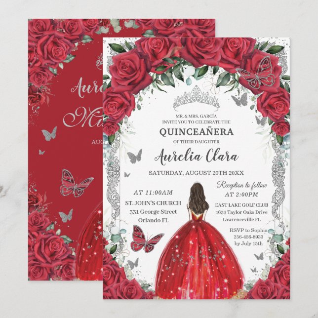 Quinceañera Red Roses Floral Princess Dress Silver Invitation (Front/Back)
