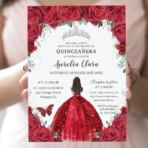 Quinceañera Red Roses Floral Princess Gown Silver Invitation