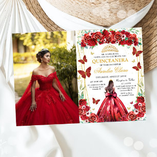 Quinceañera Red Roses Floral Princess Photo Invitation