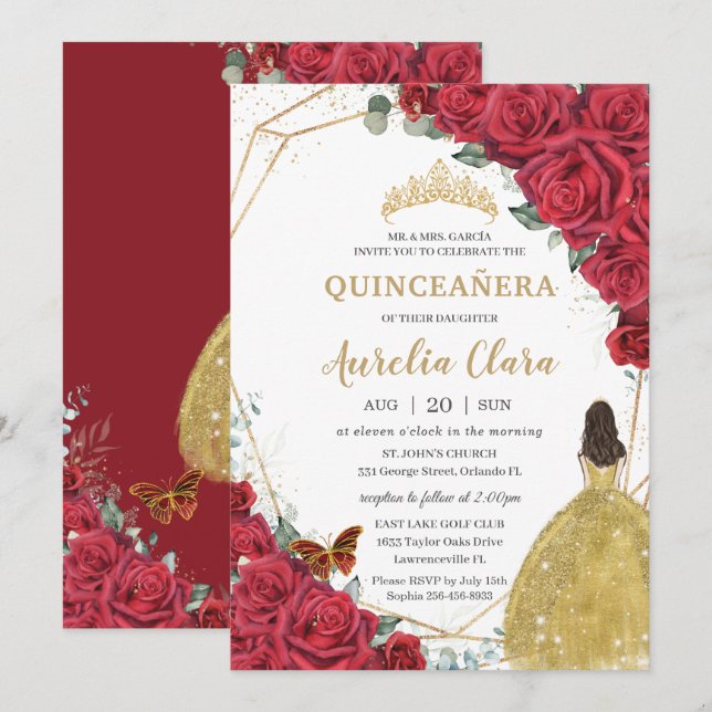 Quinceañera Red Roses Floral Yellow Princess Dress Invitation (Front/Back)