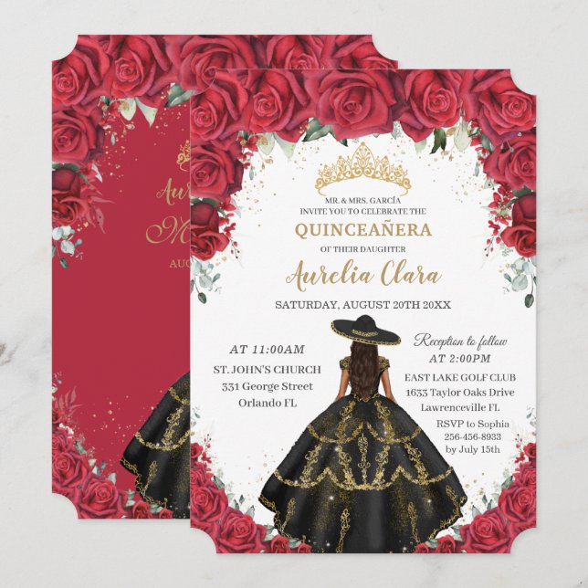Quinceañera Red Roses Flowers Black Dress Hat Gold Invitation (Front/Back)