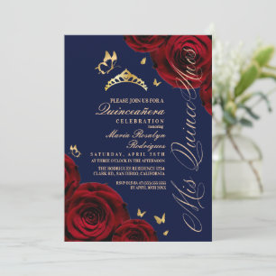 Quinceanera Red Royal Blue Gold Tiara Invitation
