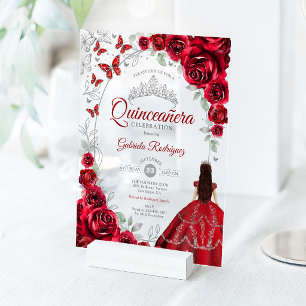 Quinceanera Red Silver Floral Acrylic Invitations