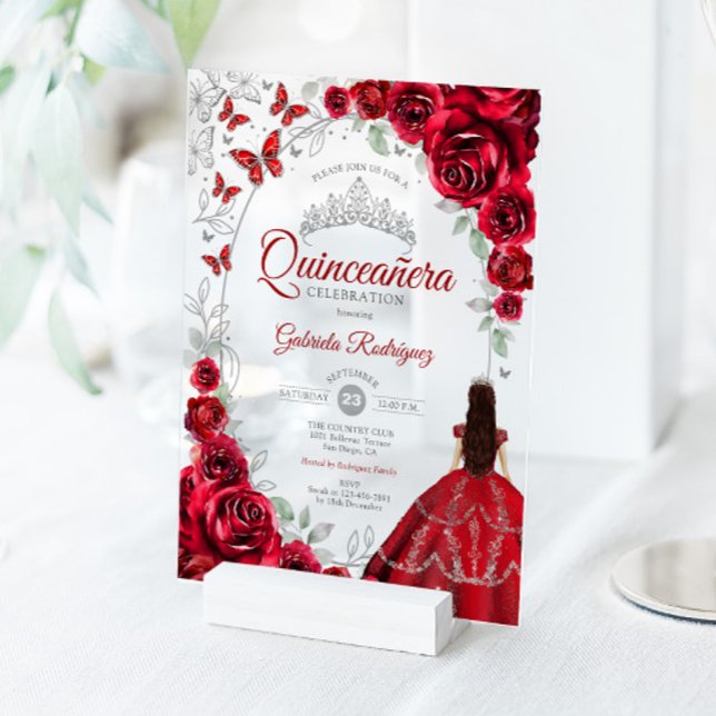 Quinceanera Red Silver Floral Acrylic Invitations (Creator Uploaded)