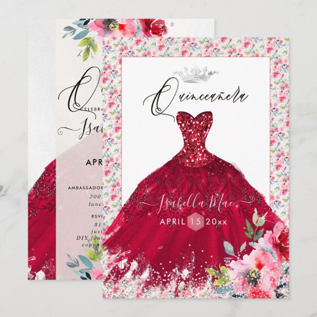Quinceanera Red Sparkle Gown Watercolor Flowers Invitation (Front/Back)