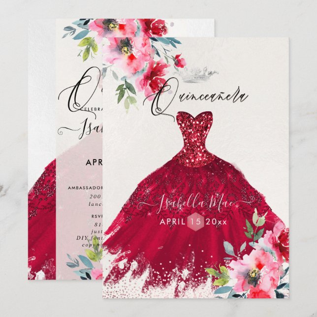 Quinceanera Red Sparkle Gown Watercolor Flowers Invitation (Front/Back)