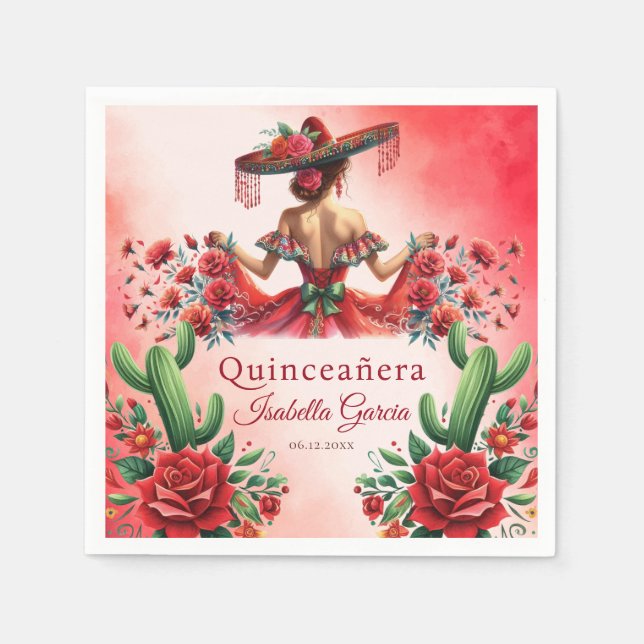 Quinceañera Red Watercolor Mexican Girl Napkin (Front)