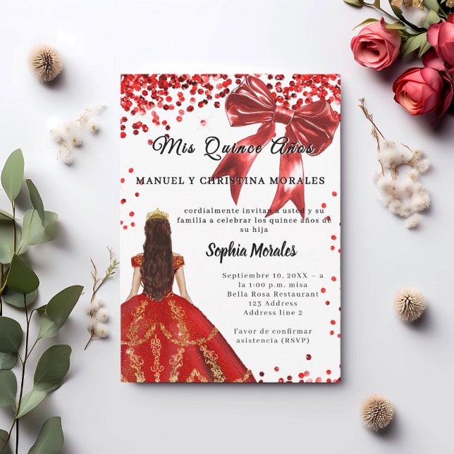Quinceanera red white dress bow invitation (Creator Uploaded)