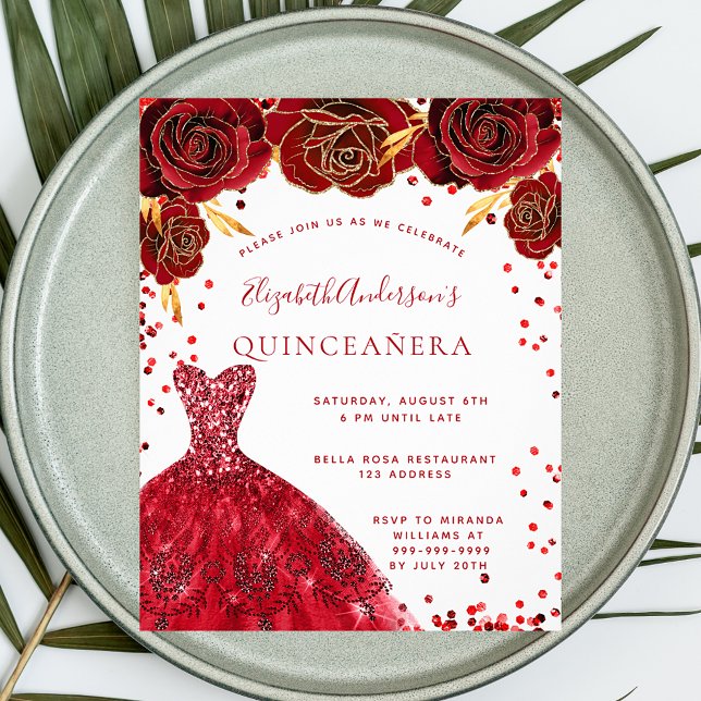 Quinceanera red white dress budget invitation flyer (Creator Uploaded)