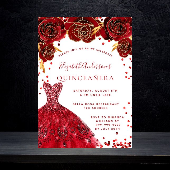 Quinceanera red white dress roses glamorous invitation (Creator Uploaded)