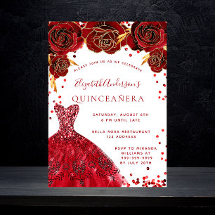 Quinceanera red white dress roses glamourous invitation postcard