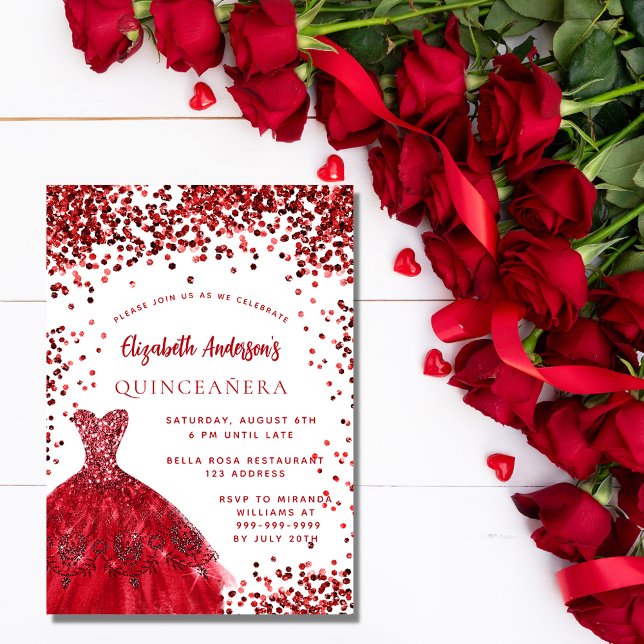 Quinceanera red white dress sparkles luxury invitation (Creator Uploaded)