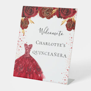 Quinceanera red white glitter dress floral welcome pedestal sign