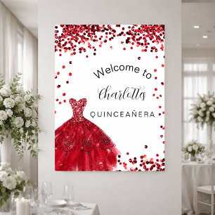 Quinceanera red white glitter dress welcome  poster