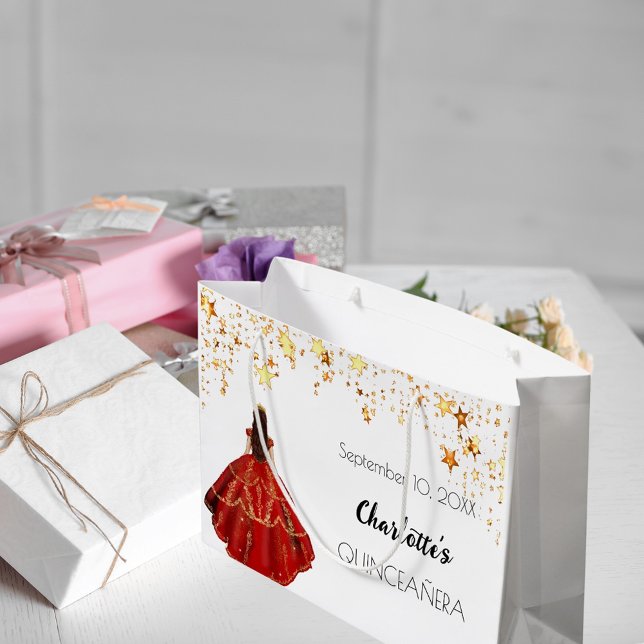 Quinceanera red white gold stars dress tiara large gift bag (Creator Uploaded)